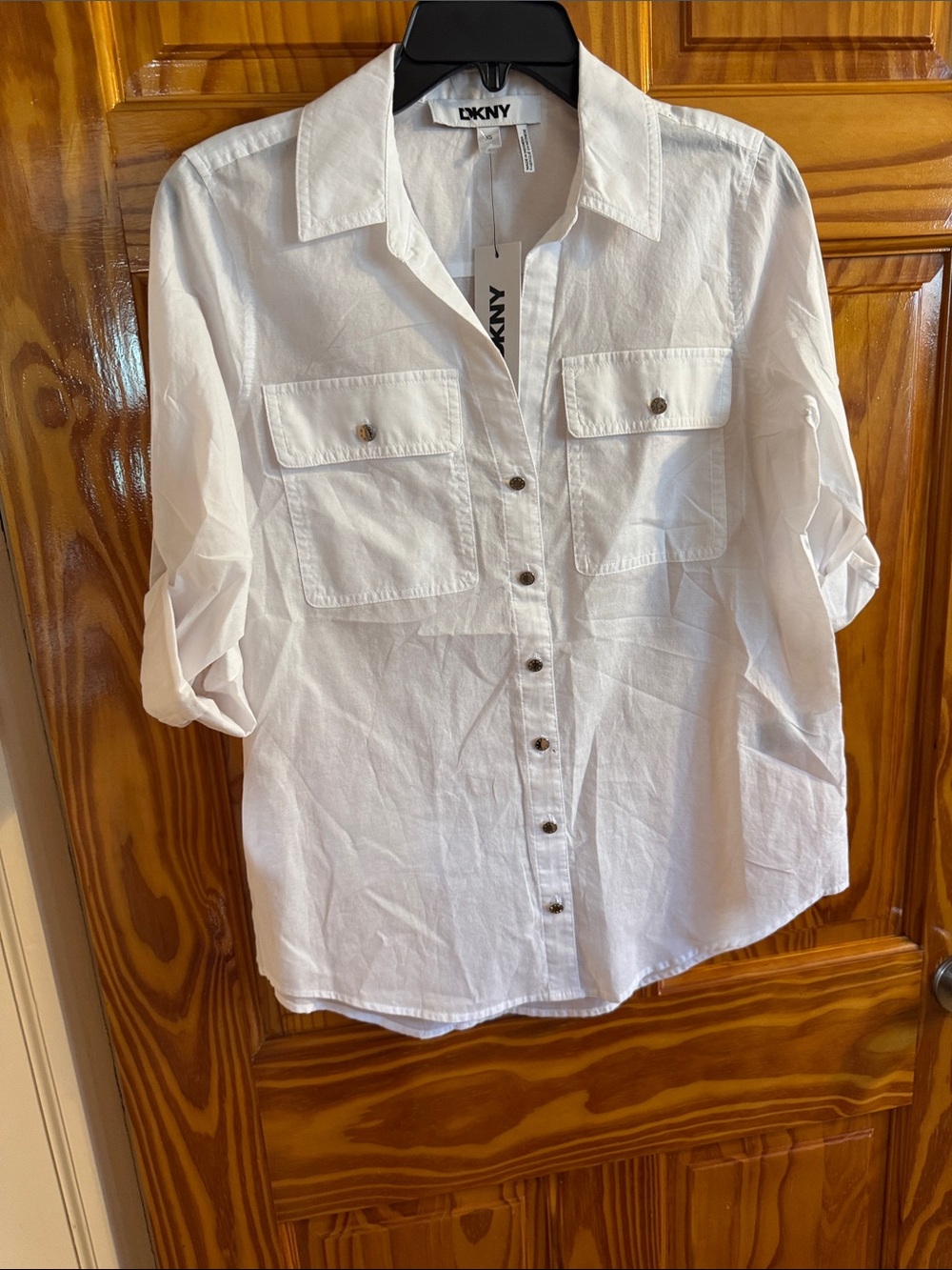 DKNY White Button-Front Utility Blouse